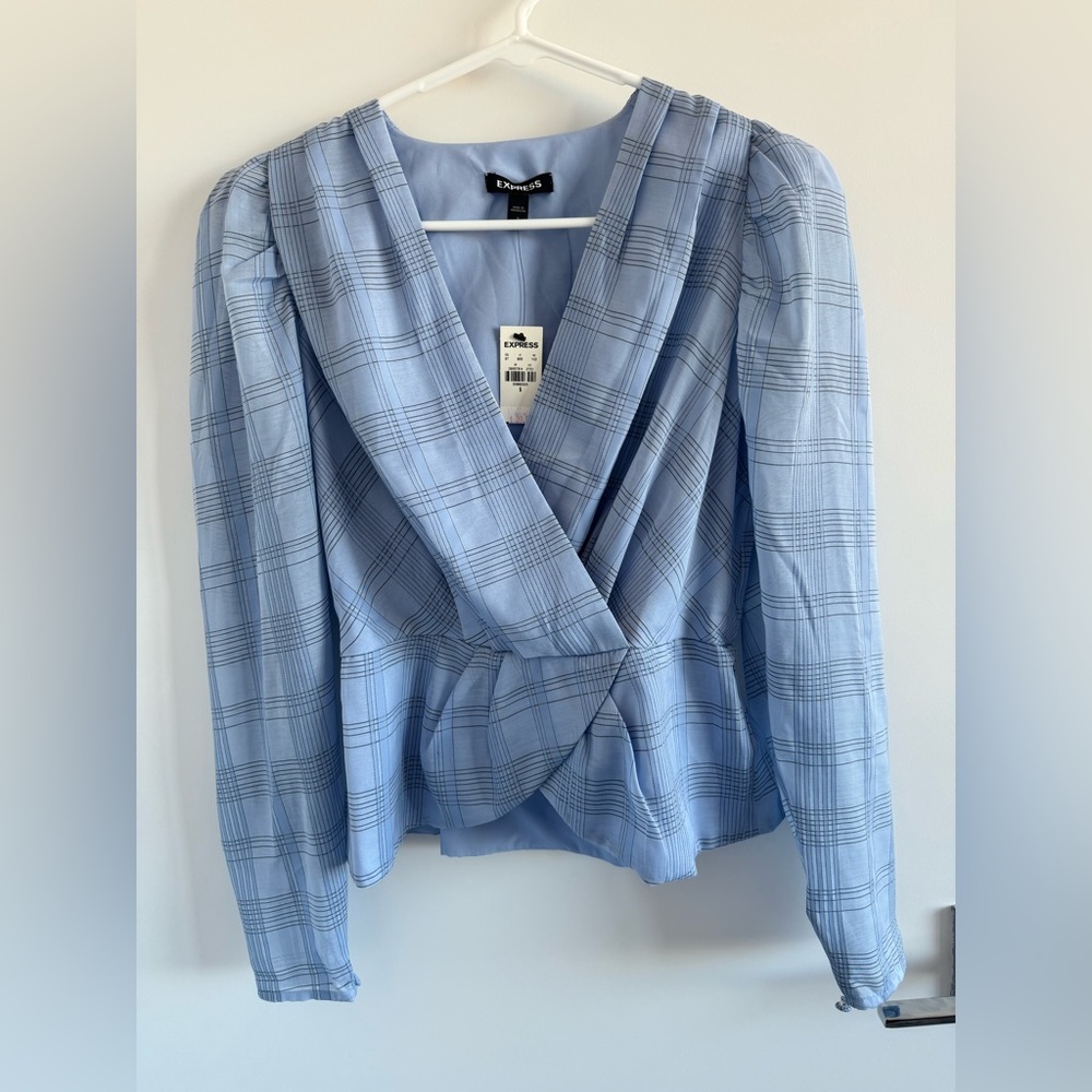 Brand new with tags never worn classy peplum false tie express light blue blouse